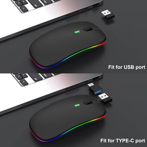 ماوس لاسلكي بلوتوث لاسلكي باضاءة LED للابتوب (بلوتوث 5.1 + USB)، ماوس كمبيوتر لاسلكي مريح ومحمول وقابل لاعادة الشحن بتردد 2.4G للابتوب وماك بوك والكمبيوتر الشخصي واندرويد وويندوز in Kuwait