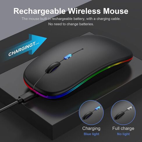 ماوس لاسلكي بلوتوث لاسلكي باضاءة LED للابتوب (بلوتوث 5.1 + USB)، ماوس كمبيوتر لاسلكي مريح ومحمول وقابل لاعادة الشحن بتردد 2.4G للابتوب وماك بوك والكمبيوتر الشخصي واندرويد وويندوز in Kuwait