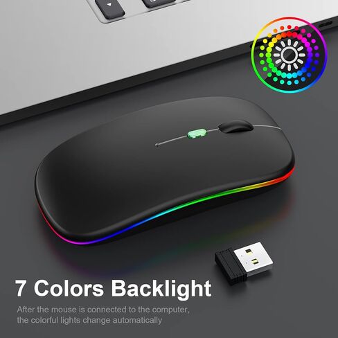 ماوس لاسلكي بلوتوث لاسلكي باضاءة LED للابتوب (بلوتوث 5.1 + USB)، ماوس كمبيوتر لاسلكي مريح ومحمول وقابل لاعادة الشحن بتردد 2.4G للابتوب وماك بوك والكمبيوتر الشخصي واندرويد وويندوز in Kuwait