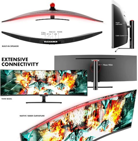 شاشة Viotek SUW49DA2 مقاس 49 بوصة فائقة الاتساع | 1440p 120 هرتز 1800R | 5120x1440p 32:9 Dual QHD |2X DP 1.4، 2X HDMI 2.0، 3.5 ملم | مكبرات صوت مدمجة | فيسا in Kuwait