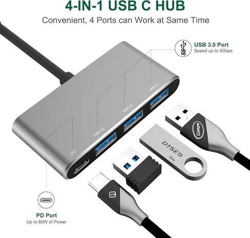 موزع USB C، محول متعدد المنافذ 4 في 1 USB 3.1 نوع C مع 3 منافذ USB 3.0 وشحن PD 87 واط متوافق مع ماك بوك 12 انش، ماك بوك برو 13 انش 15 انش مع منفذ ثاندربولت 3 والمزيد من الاجهزة من النوع سي (رمادي in Kuwait
