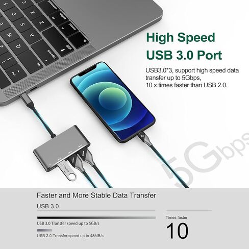 موزع USB C، محول متعدد المنافذ 4 في 1 USB 3.1 نوع C مع 3 منافذ USB 3.0 وشحن PD 87 واط متوافق مع ماك بوك 12 انش، ماك بوك برو 13 انش 15 انش مع منفذ ثاندربولت 3 والمزيد من الاجهزة من النوع سي (رمادي in Kuwait