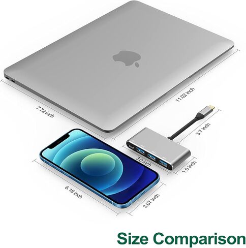 موزع USB C، محول متعدد المنافذ 4 في 1 USB 3.1 نوع C مع 3 منافذ USB 3.0 وشحن PD 87 واط متوافق مع ماك بوك 12 انش، ماك بوك برو 13 انش 15 انش مع منفذ ثاندربولت 3 والمزيد من الاجهزة من النوع سي (رمادي in Kuwait