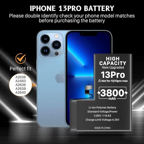 3800mAh Battery for iPhone 13 pro (New Version 2023) Ultra-high Capacity Replacement 0 Cycle Battery Compatible Models A2640 A2639 A2638 A2636 A2483 and a Complete Professional Repair Tool kit in Kuwait