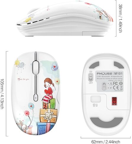 ماوس لاسلكي لطيف من FMOUSE، ماوس بلوتوث صغير صامت مزدوج الوضع لأجهزة الكمبيوتر المحمول، iPad، الكمبيوتر، الكمبيوتر اللوحي مع جهاز استقبال USB (Kerry Bear) in Kuwait