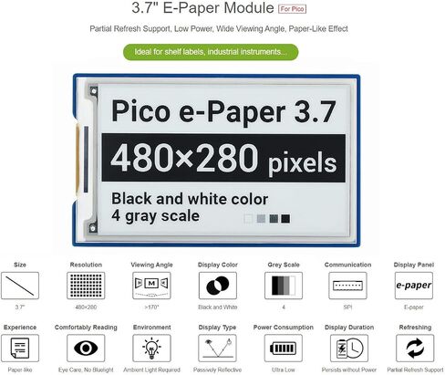 وحدة عرض الحبر الإلكتروني الورقية الإلكترونية 3.7 بوصة لـ Raspberry Pi Pico 480 × 280 بكسل أسود/أبيض واجهة SPI دعم جزئي تحديث جزئي in Saudi Arabia