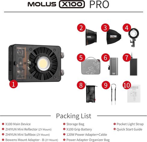 ZHIYUN MOLUS X100 Pro 100W COB LED Video Light Bi-Color 2700K-6500K Permanent Output Lighting, Bluetooth App Control, Bowens Mount Kit, DC/PD Power Supply in Saudi Arabia