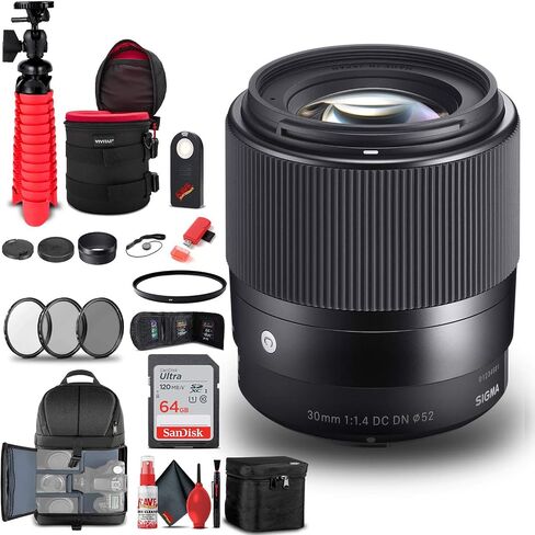 مجموعة عدسة سيجما 30 مم f/1.4 DC DN المعاصرة لسوني E (302965) + حقيبة ظهر + بطاقة 64 جيجابايت + قارئ بطاقات + طقم مرشح 3 قطع + مجموعة تنظيف + حامل ثلاثي مرن + محفظة ذاكرة + جهاز تحكم عن بعد بالأشعة تحت الحمراء + حافظة غطاء in Saudi Arabia