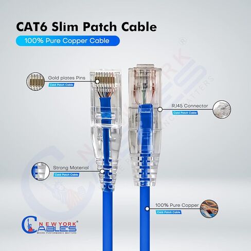 كيبل توصيل ايثرنت كات 6 من نيويورك، كيبل شبكة انترنت ار جيه 45 مجدول، 550 ميجاهرتز | يو تي بي | نحاس نقي عاري | 24AWG | ازرق (0.5 قدم، عبوة من 10 قطع، ازرق) in Kuwait