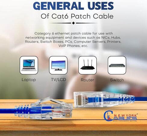 كيبل توصيل ايثرنت كات 6 من نيويورك، كيبل شبكة انترنت ار جيه 45 مجدول، 550 ميجاهرتز | يو تي بي | نحاس نقي عاري | 24AWG | ازرق (0.5 قدم، عبوة من 10 قطع، ازرق) in Kuwait