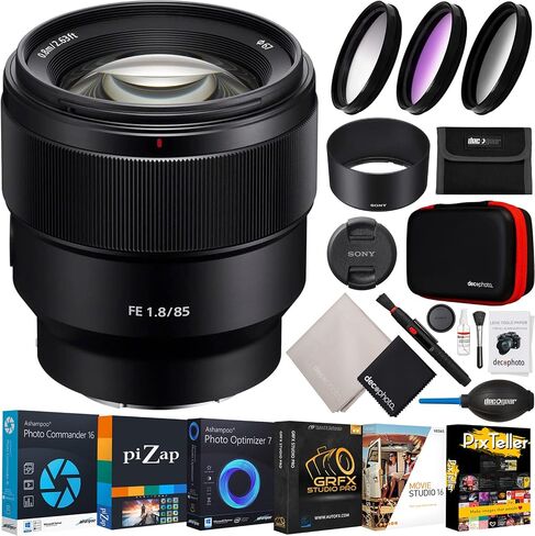 Sony FE 85mm F1.8 Lens SEL85F18 Large Aperture for Full Frame and APS-C E-Mount Mirrorless Cameras Bundle with Deco Gear Photography UV/CPL/FLD Filter Set + Photo Video Software Kit and Accessories in Saudi Arabia