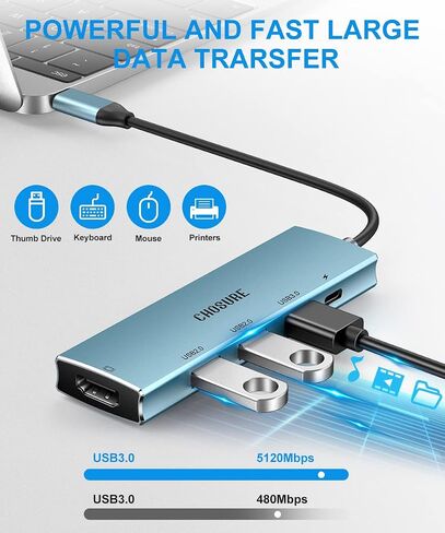 موزع USB C، 5 في 1 USB C Splitter Thunderbolt 3 Hub إلى 4K HDMI محول لجهاز MacBook، 3 منافذ USB، شاحن PD 100W، Chosure Type C Dongle متوافق مع MacBook، المزيد (أزرق غامق) in Saudi Arabia