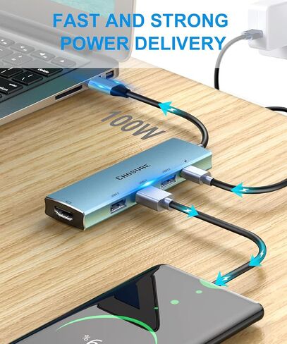 موزع USB C، 5 في 1 USB C Splitter Thunderbolt 3 Hub إلى 4K HDMI محول لجهاز MacBook، 3 منافذ USB، شاحن PD 100W، Chosure Type C Dongle متوافق مع MacBook، المزيد (أزرق غامق) in Saudi Arabia