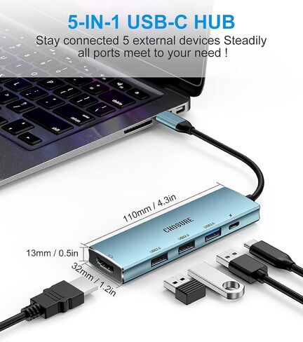 موزع USB C، 5 في 1 USB C Splitter Thunderbolt 3 Hub إلى 4K HDMI محول لجهاز MacBook، 3 منافذ USB، شاحن PD 100W، Chosure Type C Dongle متوافق مع MacBook، المزيد (أزرق غامق) in Saudi Arabia