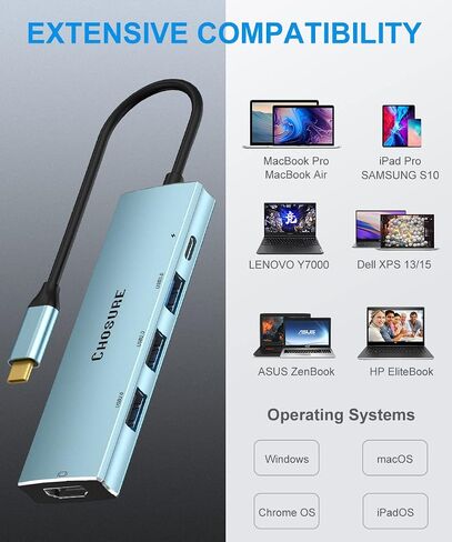 موزع USB C، 5 في 1 USB C Splitter Thunderbolt 3 Hub إلى 4K HDMI محول لجهاز MacBook، 3 منافذ USB، شاحن PD 100W، Chosure Type C Dongle متوافق مع MacBook، المزيد (أزرق غامق) in Saudi Arabia