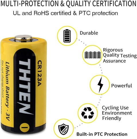بطارية ليثيوم THTEN CR123A 3 فولت، 1600 مللي أمبير في الساعة عالية الطاقة غير قابلة لإعادة الشحن CR123 123A 123 CR17345 بطاريات صور مع حماية PTC بطاريات ليثيوم للصور لبولارويد، والميكروفونات، ومصباح يدوي، 12 حزمة in Kuwait