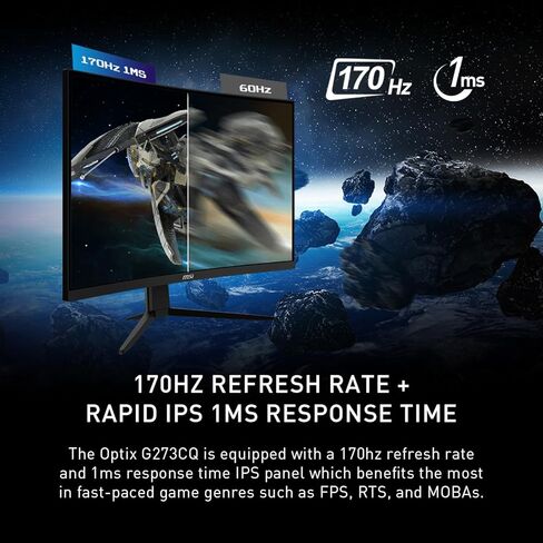 MSI شاشة العاب G273CQ، 27 انش، 2560 × 1440 (QHD)، VA 170Hz، فري سينك بريميوم، HDR، HDMI، منفذ عرض، امالة، اسود in Kuwait