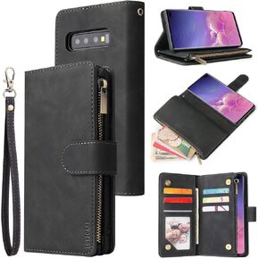 LBYZCASE Galaxy S10 Case,Samsung S10 Wallet Case,Luxury Folio Flip Leather Phone Cover[Zipper Pocket][Wrist Strap][Kickstand][Magnetic Closure] for Samsung Galaxy S10-Wine Red
