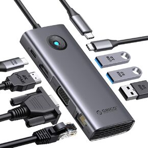 قاعدة توصيل USB C من ORICO، قاعدة توصيل USB C للكمبيوتر المحمول 8 في 1 مع 4K HDMI وVGA وGigabit Ethernet و3*USB 3.0 و1*USB 2.0، توصيل طاقة 100 واط متوافق مع أجهزة MacBook أو iPad أو Steam Deck أو أجهزة أخرى من النوع C in Kuwait