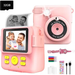 جي كيه تي زد صور طباعة فورية 1080P HD 0 حبر - هدايا عيد الميلاد للكريسماس للبنات والاولاد من سن 3-8 سنوات - لعبة محمولة للاطفال مع 2 لفة ورق صور و5 اقلام ملونة وبطاقة 32GB - بينك in Kuwait