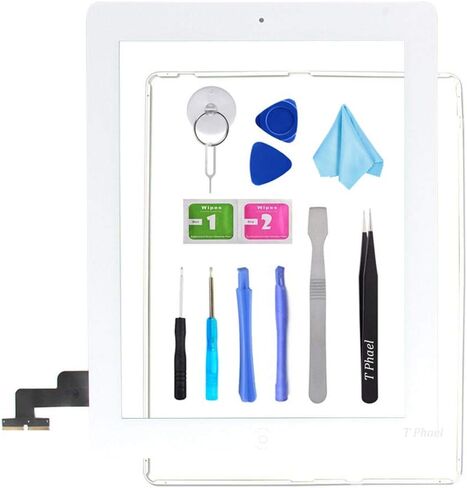 قطعة غيار للشاشة T Phael White لجهاز iPad 2 A1395 A1396 A1397، iPad2 مجموعة زجاجية أمامية تعمل باللمس - تتضمن زر الصفحة الرئيسية + حامل كاميرا + لاصق مثبت مسبقًا + مجموعة أدوات in Kuwait