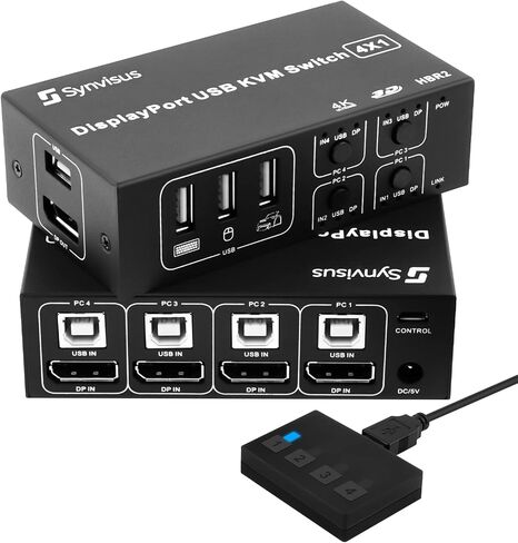 محول Synvisus DisplayPort KVM 4 منافذ 3D UHD 4K@60 هرتز، 2K@120 هرتز 4 في 1 مخرج USB ومحول DP1.2 KVM، مع 4 كابلات USB - نسخة مطورة in Saudi Arabia