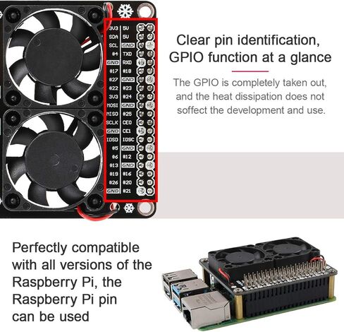 مراوح تبريد مزدوجة Raspberry Pi 4B ، مجموعة Raspberry Pi 4B ، Raspberry Pi 4B GPIO Expansion Board DC 5V 0.2A مع LED متوافق مع Raspberry Pi 4B / 3B+ / 3B / 3A + in Kuwait