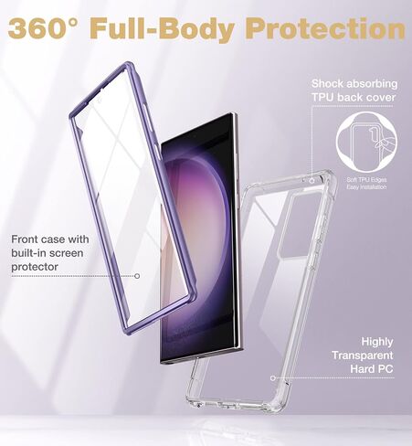 حافظة SURITCH لهاتف Samsung Galaxy S23 Ultra Clear مقاس 6.8 بوصات (فقط)، [واقي شاشة مدمج] هيكل صلب واقٍ لكامل الجسم + حافظة هاتف TPU ناعمة لهاتف Samsung S23 Ultra - (حافة أرجوانية) in Saudi Arabia