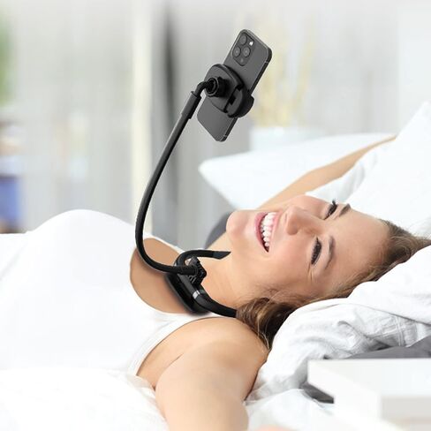 حامل الهاتف الخلوي Hochiton Lazy Bracket حول الرقبة، مشبك تثبيت مرن لتسجيل الحياة بدون استخدام اليد للرقبة، حجم الهاتف 4.7"-6" (أسود) in Kuwait