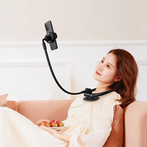 حامل الهاتف الخلوي Hochiton Lazy Bracket حول الرقبة، مشبك تثبيت مرن لتسجيل الحياة بدون استخدام اليد للرقبة، حجم الهاتف 4.7"-6" (أسود) in Kuwait