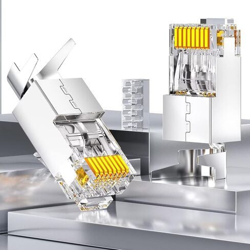 موصل AMPCOM RJ45 CAT7 (10 قطع)، حافظة نحاسية مطلية بالذهب 50u محمية FTP/STP مع ذيل مشبك أرضي خارجي لكابل شبكة 23 AWG in Kuwait