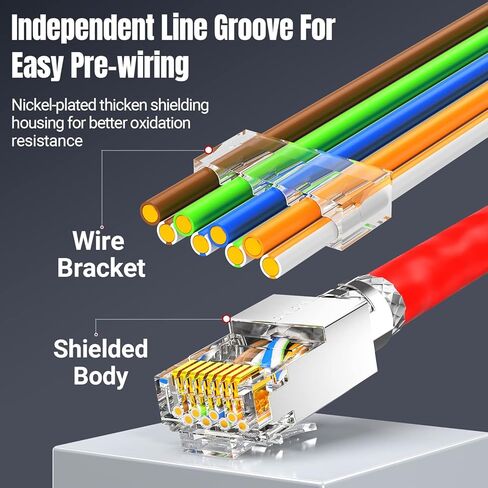 موصل AMPCOM RJ45 CAT7 (10 قطع)، حافظة نحاسية مطلية بالذهب 50u محمية FTP/STP مع ذيل مشبك أرضي خارجي لكابل شبكة 23 AWG in Kuwait