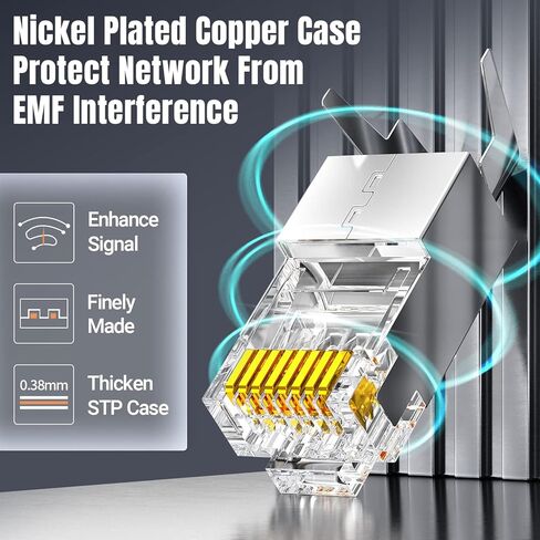 موصل AMPCOM RJ45 CAT7 (10 قطع)، حافظة نحاسية مطلية بالذهب 50u محمية FTP/STP مع ذيل مشبك أرضي خارجي لكابل شبكة 23 AWG in Kuwait
