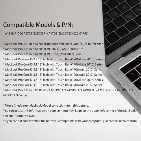 YXKC A1819 A1706 استبدال بطارية الكمبيوتر المحمول A1819 MacBook Pro 13 بوصة A1706 أواخر 2016 منتصف 2017، EMC 3071 3163 MLH12LL/A MNQG2LL/A MNQF2LL/A MLVP2LL/A MPXV2LL/A 11.4 فولت 49.2 وات 4314 مللي أمبير في الساعة in Saudi Arabia