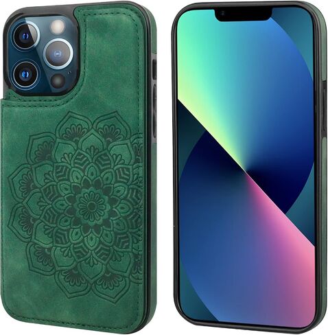 Vaburs متوافق مع محفظة iPhone 13 Pro Max مع حامل بطاقة، نمط ماندالا منقوش على شكل زهرة من جلد البولي يوريثان بأزرار مزدوجة غطاء مقاوم للصدمات لحامل السيارة المغناطيسي 6.7 بوصة (أخضر) in Kuwait