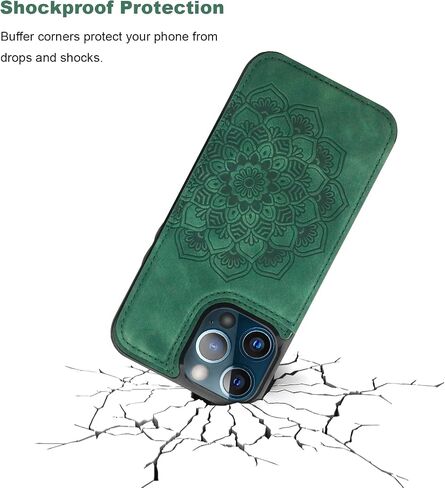 Vaburs متوافق مع محفظة iPhone 13 Pro Max مع حامل بطاقة، نمط ماندالا منقوش على شكل زهرة من جلد البولي يوريثان بأزرار مزدوجة غطاء مقاوم للصدمات لحامل السيارة المغناطيسي 6.7 بوصة (أخضر) in Kuwait