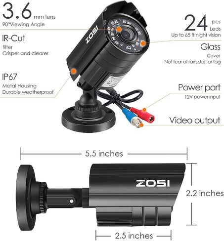 ZOSI 1080P HD-TVI Security Camera for Home Office Surveillance CCTV System - Bullet BNC Camera with Night Vision Black (Renewed) in Saudi Arabia