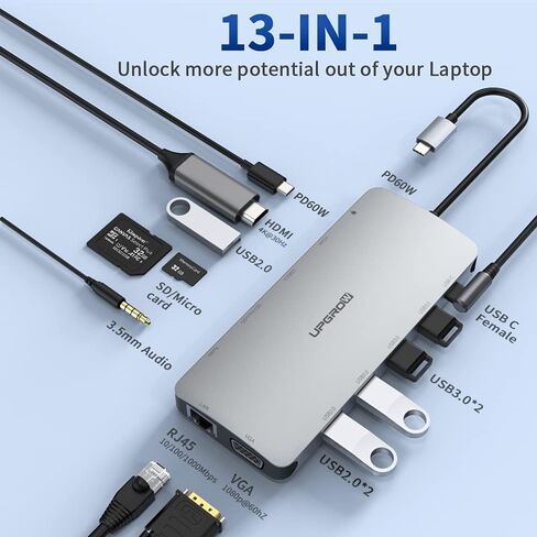ابجرو قاعدة شحن USB C 13 في 1 مع HDMI وSD وMicro SD وRJ45 وVGA وAUX و60 واط PD وUSB 3.0 وUSB 3.0 وUSB نوع C لماك بوك in Kuwait