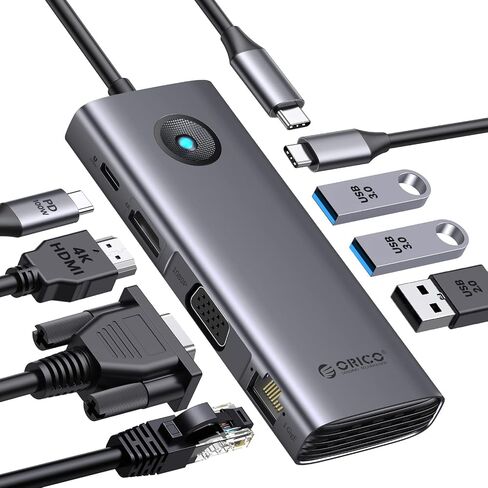قاعدة توصيل USB C من ORICO، قاعدة توصيل USB C للكمبيوتر المحمول 8 في 1 مع 4K HDMI وVGA وGigabit Ethernet و3*USB 3.0 و1*USB 2.0، توصيل طاقة 100 واط متوافق مع أجهزة MacBook أو iPad أو Steam Deck أو أجهزة أخرى من النوع C in Kuwait
