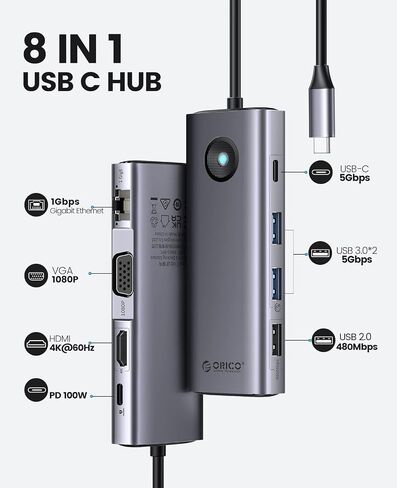 قاعدة توصيل USB C من ORICO، قاعدة توصيل USB C للكمبيوتر المحمول 8 في 1 مع 4K HDMI وVGA وGigabit Ethernet و3*USB 3.0 و1*USB 2.0، توصيل طاقة 100 واط متوافق مع أجهزة MacBook أو iPad أو Steam Deck أو أجهزة أخرى من النوع C in Kuwait