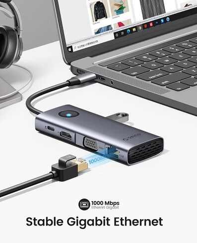 قاعدة توصيل USB C من ORICO، قاعدة توصيل USB C للكمبيوتر المحمول 8 في 1 مع 4K HDMI وVGA وGigabit Ethernet و3*USB 3.0 و1*USB 2.0، توصيل طاقة 100 واط متوافق مع أجهزة MacBook أو iPad أو Steam Deck أو أجهزة أخرى من النوع C in Kuwait