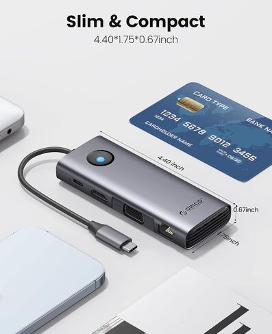 قاعدة توصيل USB C من ORICO، قاعدة توصيل USB C للكمبيوتر المحمول 8 في 1 مع 4K HDMI وVGA وGigabit Ethernet و3*USB 3.0 و1*USB 2.0، توصيل طاقة 100 واط متوافق مع أجهزة MacBook أو iPad أو Steam Deck أو أجهزة أخرى من النوع C in Kuwait