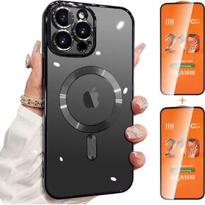 DINGKUAKE for iPhone 14 Pro Max Case Magsafe, Magnetic Clear Phone Case with Screen Protector and Camera Cover, Transparent Electroplated Case for Women/Girl/Men (Silver)