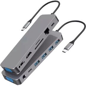 محور USB C 11 في 1، محطة إرساء، دونجل محول USB C مع 4K-HDMI، VGA، منفذ USB 3.0، شحن PD من النوع C، إيثرنت RJ45، قارئ بطاقة SD/TF، ​​AUX 3.5 مم، متوافق مع MacBook Pro/ الهواء، كمبيوتر محمول من النوع C in Kuwait
