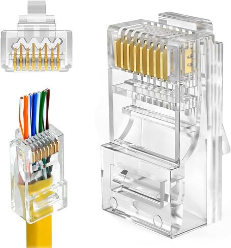 T-Mogur 100 Pack Cat 6 Connector, Cat6 RJ45 Modular Plugs, Cat6 Pass Through Connectors, Ethernet Cable Crimp Connectors Cat6 RJ45 Ends for Solid or Stranded UTP Network Cable, Transparent in Saudi Arabia