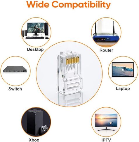 T-Mogur 100 Pack Cat 6 Connector, Cat6 RJ45 Modular Plugs, Cat6 Pass Through Connectors, Ethernet Cable Crimp Connectors Cat6 RJ45 Ends for Solid or Stranded UTP Network Cable, Transparent in Saudi Arabia