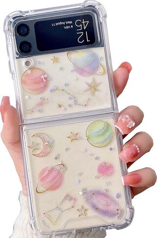 حافظة شفافة Shinymore Galaxy Z Flip 4، حافظة شفافة ناعمة ومرنة من المطاط Planet Space Stars Sparkle حافظة للفتيات والنساء لامعة مضادة للصدمات لهاتف Samsung Galaxy Z Flip 4 - الكون in Kuwait