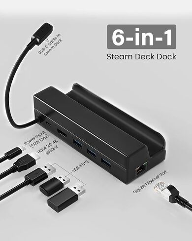 قاعدة شحن لسطح ستيم: منصة ستريم ديك 6 في 1 مع HDMI 2.0 4K عند 60Hz وايثرنت 1000Mbps و3 USB 3.0 ومنفذ شحن سريع متوافق مع صمام ستيم ديك in Kuwait