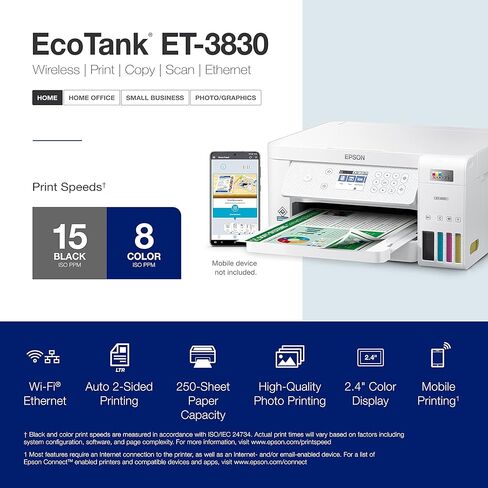 طابعة Epson EcoTank ET-3830 Supertank اللاسلكية الملونة الكل في واحد خالية من خرطوشة مع المسح الضوئي والنسخ والطباعة التلقائية على الوجهين والإيثرنت (متجددة)، أبيض in Kuwait