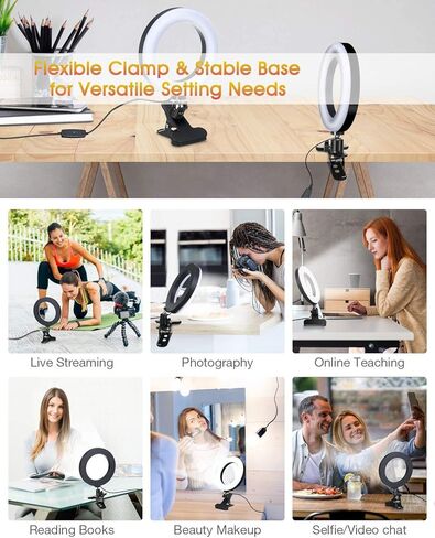 LarmTek LED Ring Light 6" with Tripod Stand for Video conferencing, 3 Dimmable,11-Level Brightness & 360° Angle Adjustment Desk Makeup Ring Light for Makeup Live Stream, YouTube Videos,TIK Tok Live in Kuwait
